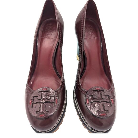 Tory Burch Leanne Burgundy Oxblood Patent Leather Emblem Stacked Heel Lug Sole 7 - Picture 12 of 12